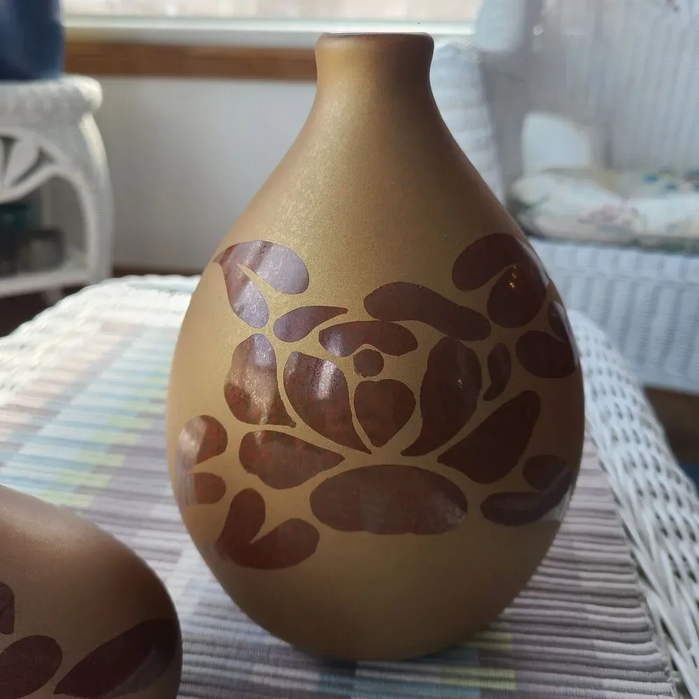Vintage Matte Bronze On Bronze Slip Cast Pottery Vases With Rose & Leaves Design
